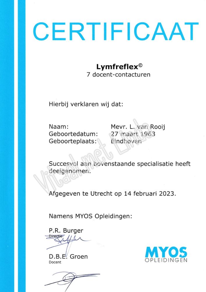 Certificaat LymfReflex - Vitaal met Linda